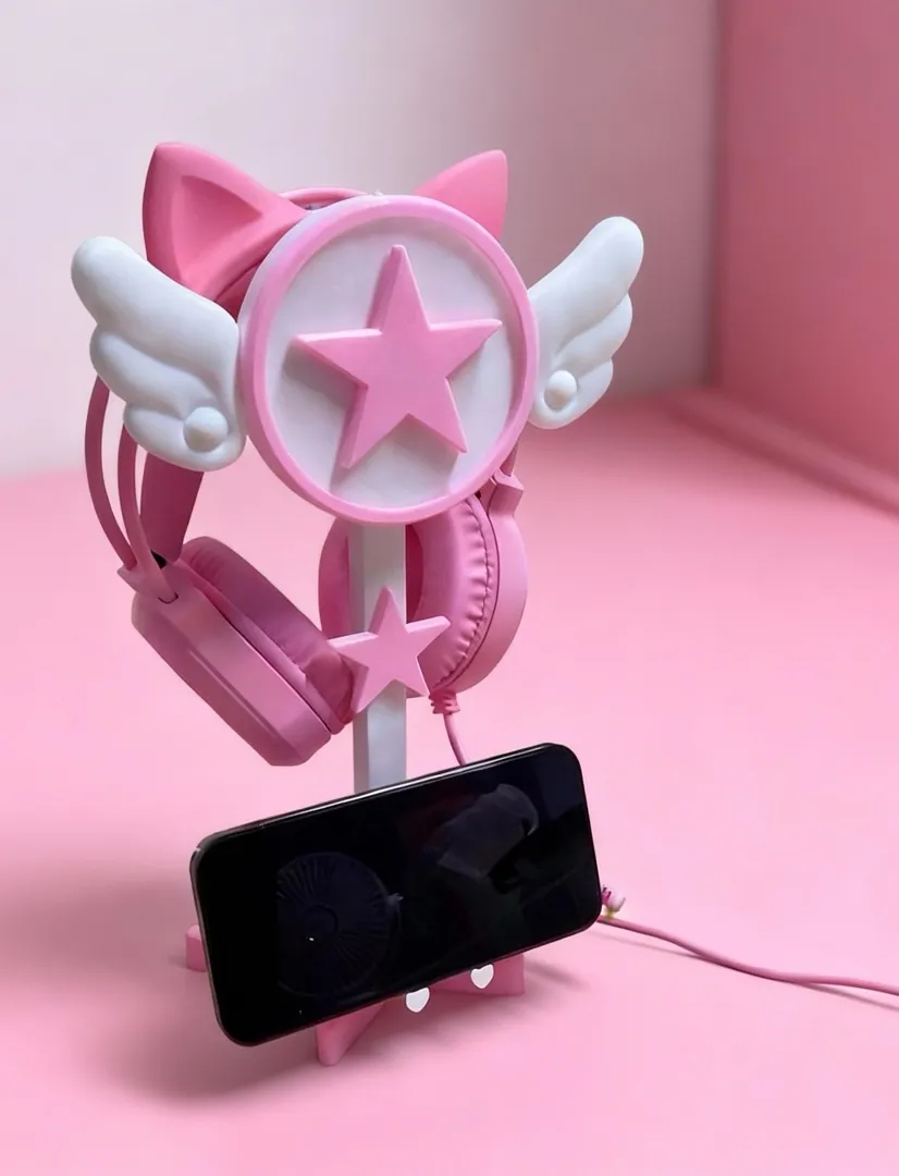 Suporte para Headset Rosa com Asas e Estrela