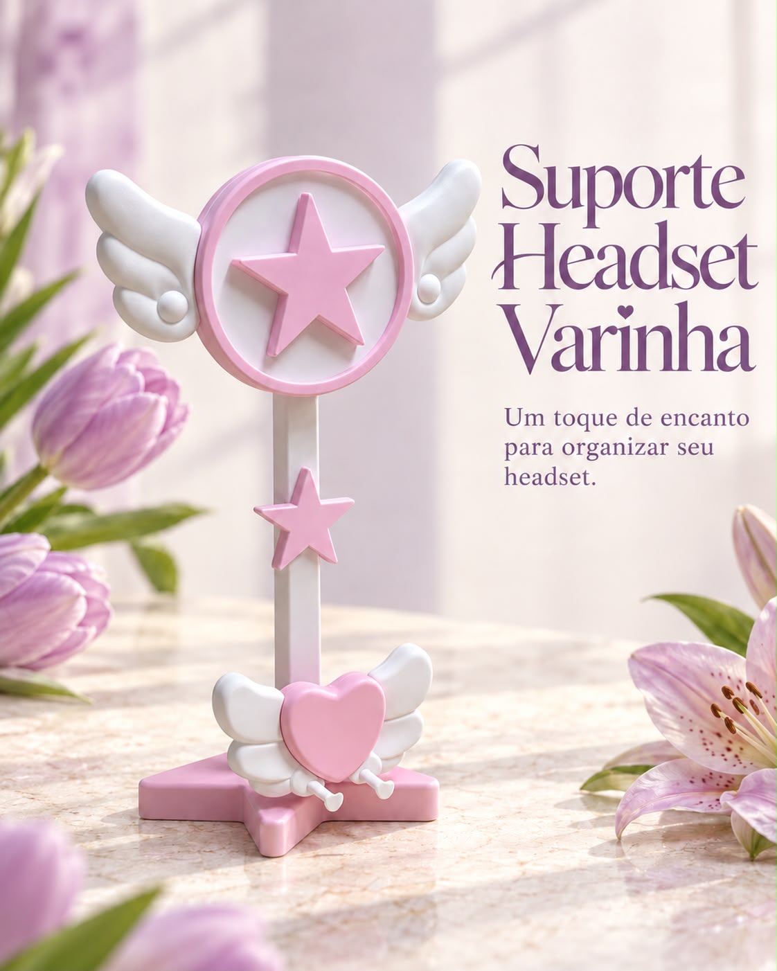 Suporte para Headset Rosa com Asas e Estrela