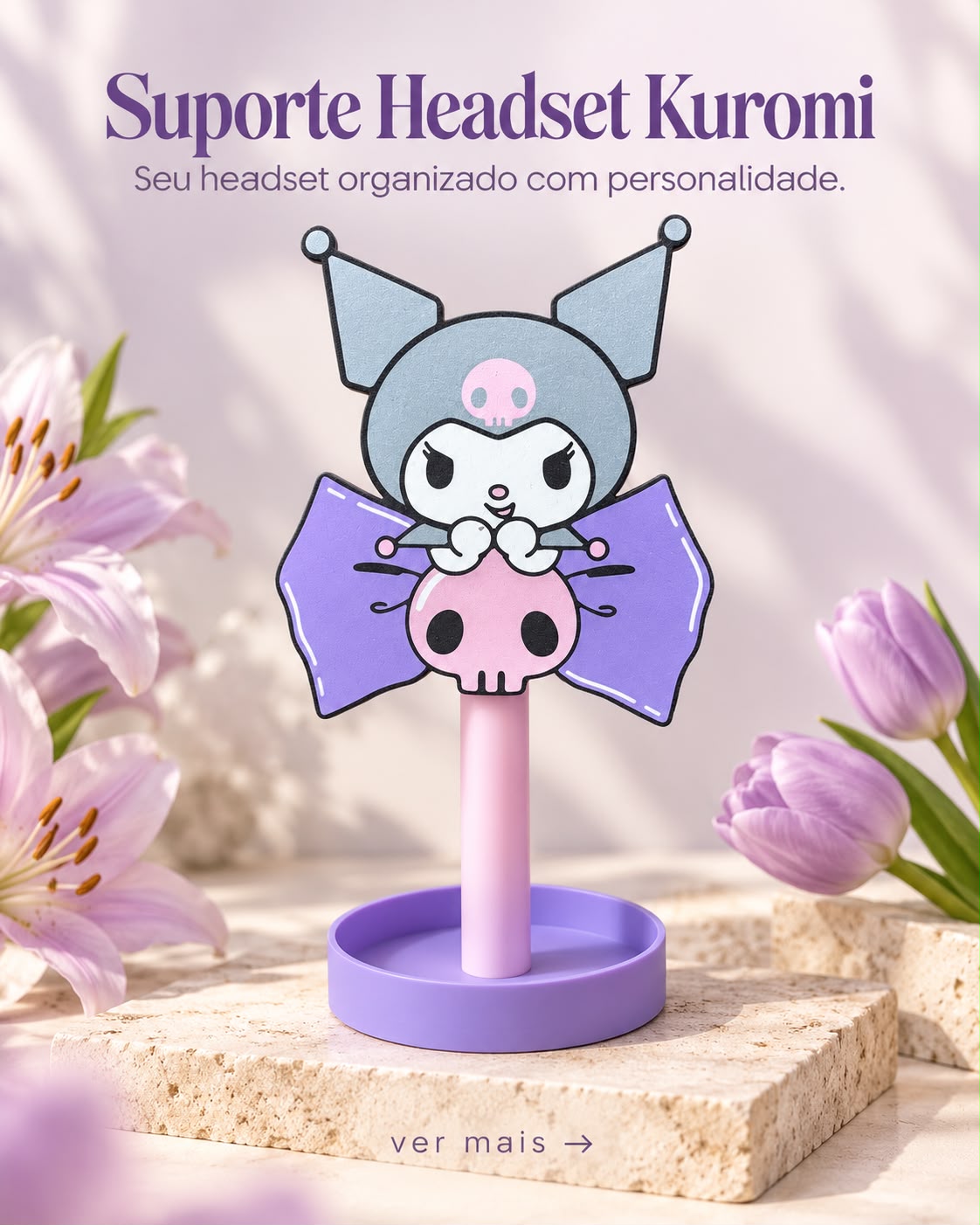 Suporte para Headset Kuromi com Laço